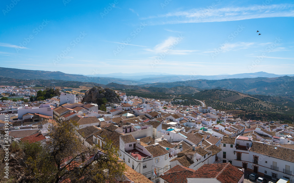 Scenic view of the beautiful andalusian white town of Olvera in the Natural Park of Grazalema mountain range at daylight, Cadiz province, Andalusia, Spain