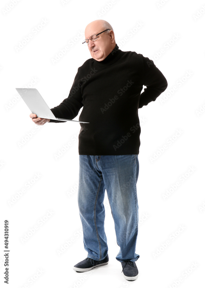 Senior man with laptop suffering from back pain on white background Senior man with laptop suffering from back pain on white background