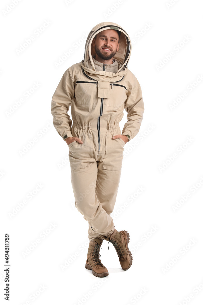 Male beekeeper in protective suit on white background Male beekeeper in protective suit on white background