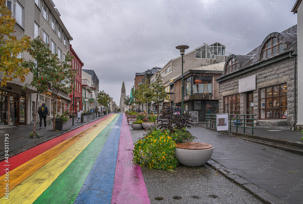 Obraz na płótnie Rainbow painted street in downtown Reykjavik, Iceland w salonie