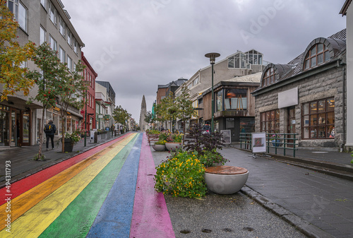 Fototapeta Naklejka Na Ścianę i Meble -  Rainbow painted street in downtown Reykjavik, Iceland