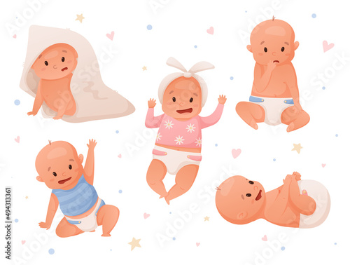 Set of vector isolated illustrations of newborn babies girls and boys in diapers.