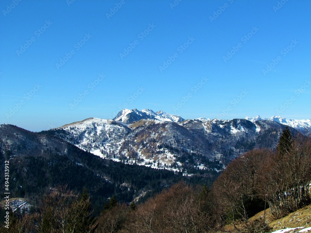 View of Mozic mountain above Soriska planina in Julian alps in Gorenjska, Slovenia