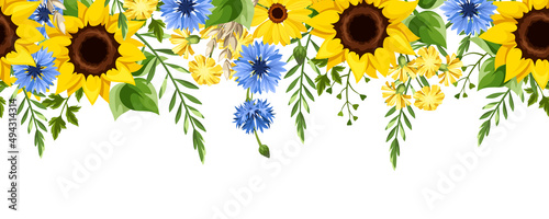 Horizontal seamless border with hanging blue and yellow sunflowers, dandelion flowers, gerbera flowers, cornflowers, ears of wheat, and green leaves. Vector illustration