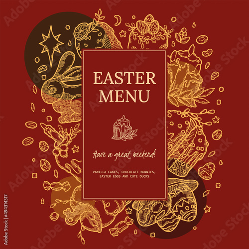 Rustic Easter menu as vector image. Ready to use Template for Postcard, Recipe, Food Blog. Etching Style, Boho and Vintage. Collection of Easter Cake and Pastry with Chocolate Rabbit, Duck, Willow