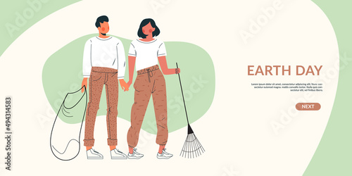 Earth day and green ecology volunteer community vector illustration for landing page or banner. Young people community save environment and care about nature. Template for eco card, voluntary project