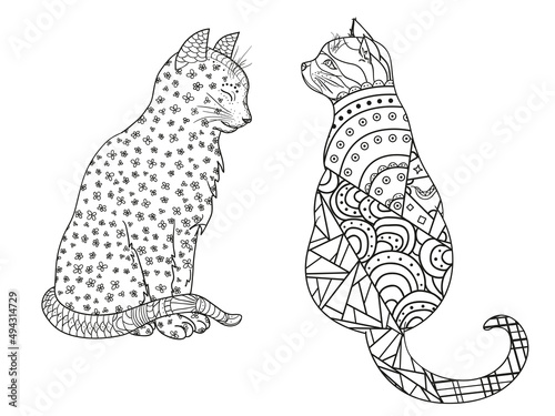 Cats on white. Zentangle. Hand drawn animals with abstract patterns on isolation background. Design for spiritual relaxation for adults. Black and white illustration for coloring