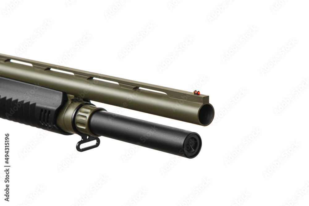 Pump-action 12 gauge shotgun isolated on a white back. Close-up shot of part of a shotgun. A smooth-bore weapon with a plastic stock. Pump-action 12 gauge shotgun isolated on a white back. Close-up shot of part of a shotgun. A smooth-bore weapon with a plastic stock.