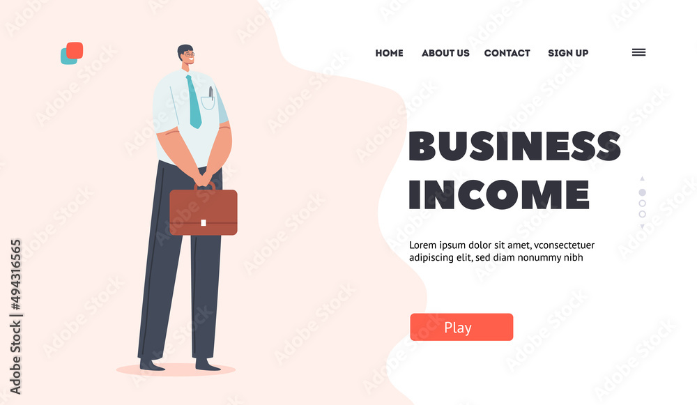 Business Income Landing Page Template. Asian Male Character, Single Man in Shirt, Tie and Blue Pants with Briefcase