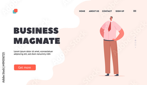 Business Magnate Landing Page Template. Male Character in Formal Suit, Business Man Wear Shirt, Tie and Brown and Trousers, Office Manager Stand with Arms Akimbo. Cartoon People Vector Illustration