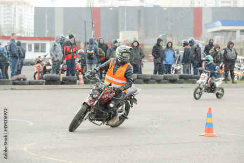 MINSK, BELARUS - 18 FEBRUARY, 2022: moto gymkhana training photo