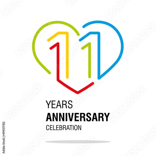 11 years anniversary celebration decoration colorful number bounded by a loving heart modern love line design logo icon white background