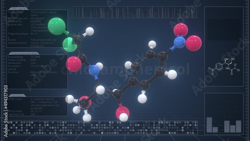 Molecule of chloramphenicol with infographics on the computer monitor, loopable 3d animation photo