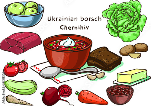 Chrenihiv Ukrainian borsch ingredients vector set