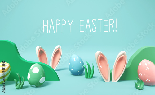Canvastavla Happy Easter message with rabbit ears and Easter eggs - 3D render