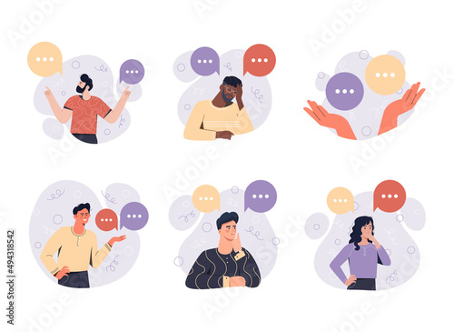 Concept of dilemma. Image collection with young people making decision. Set of characters in reflection. Evaluation of two options. Cartoon flat vector illustrations isolated on white background