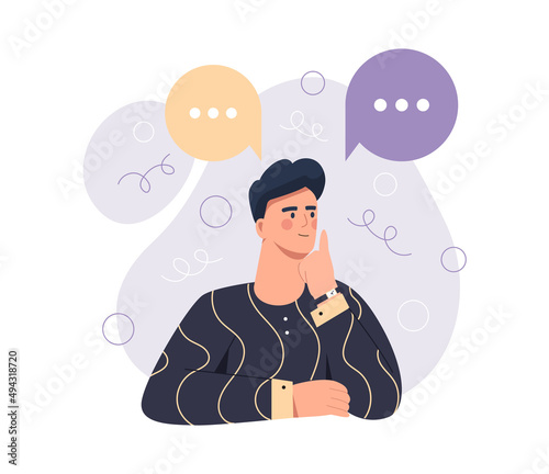 Concept of dilemma. Guy gives thumbs up. Idea metaphor, man evaluate options. Insight, character knows which of two options to choose. Person makes important decision. Cartoon flat vector illustration