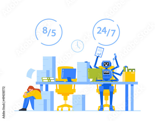 Exhausted Office Worker against Artificial Intelligence Robot Working. Anxious Character Sitting on Floor with Documents