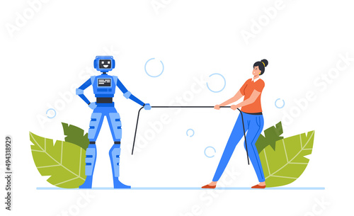 Office Woman Character and Robot Tug of War, Competing Who Is Stronger. Versus between Artificial Intelligence and Human