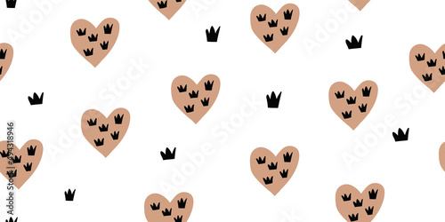Cute romantic seamless pattern. Repeated striped hearts with crowns and dots. Drawn by hand. Endless girlish print. Girly vector illustration.