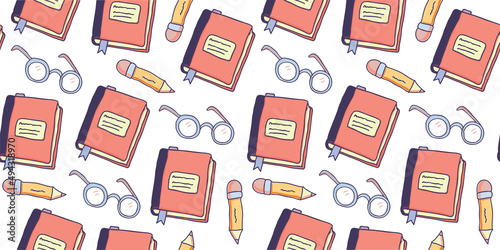 Seamless pattern with different colorful books on dark background. Back to school, literacy, library, reading, education, teaching, learning concept. Vector illustration.