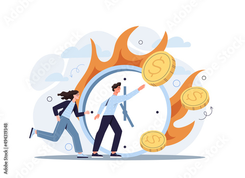 Concept of deadline. Man and woman in front of burning clock. Employees afraid to miss deal  colleagues in hurry to finish project  poor time management  panic. Cartoon flat vector illustration