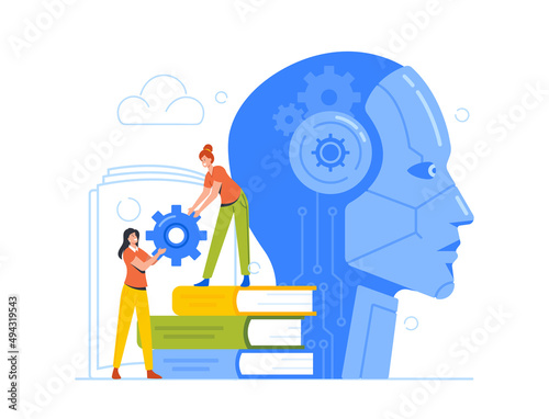 Cyborg and Machine Training Process. Tiny Engineers Characters with Cogwheel at Huge Robot Head. Artificial Intelligence