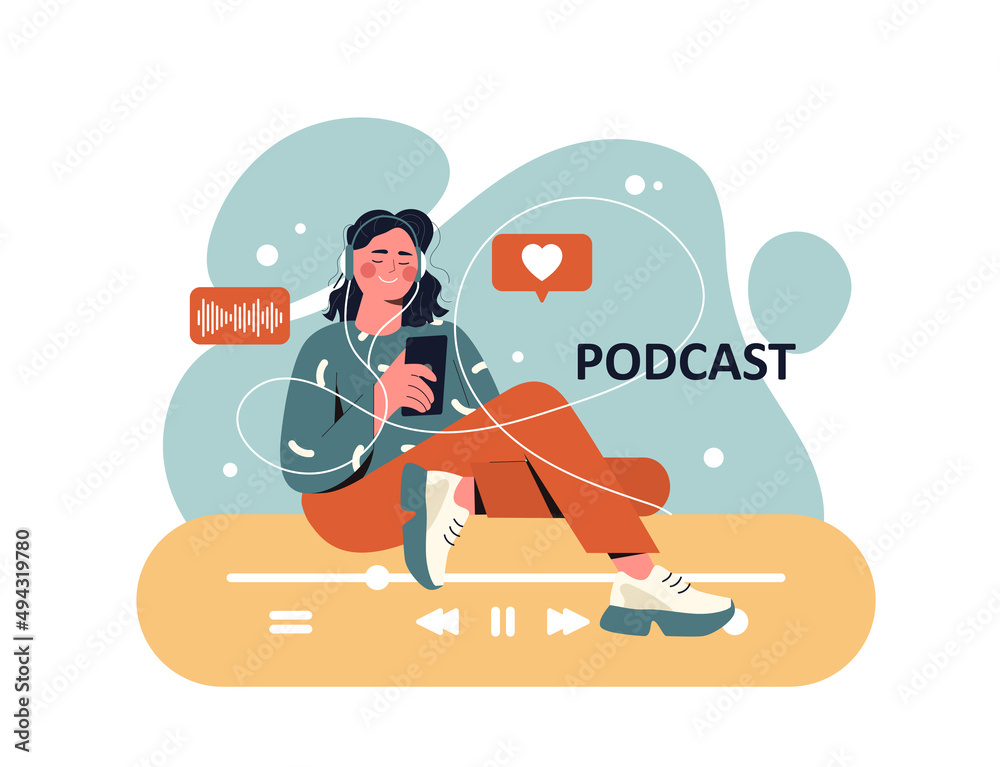 Audio Podcast concept. Girl in headphones with phone sits and smiles. Character listens to materials. Modern technologies and digital world, globalization and hobby. Cartoon flat vector illustration