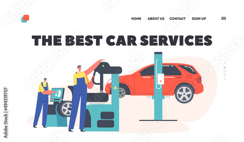 Roadside Vehicle Repair Service Landing Page Template. Workers Change or Mount Tires at Garage for Car Stand on Elevator