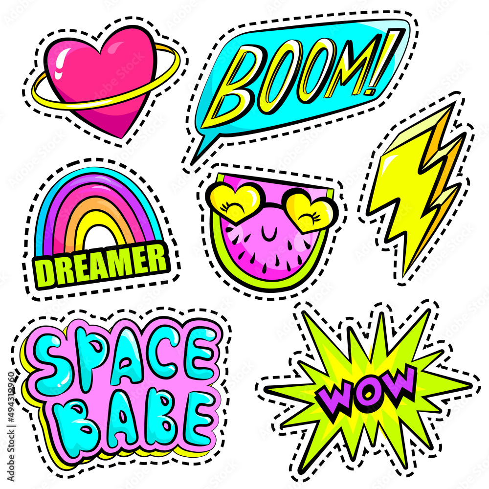 Set of cute stickers with hearts,watermelon, rainbow, lightning  and words. Girlish stickers in bright colors isolated on white background. Fashion patch in cartoon style for teen.