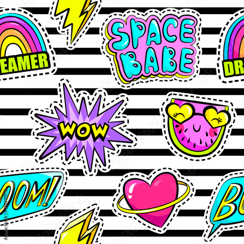 Fashion patch badges in sketch comics style. Abstract seamless pattern. Cool stickers on repeated stripes background for teen girl