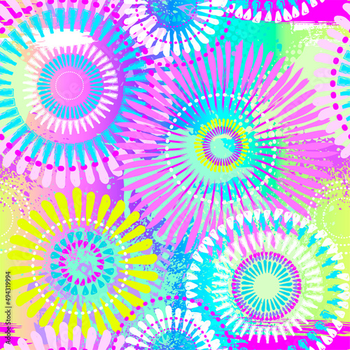 Seamless pattern for girls. Creative vector background with abstract flowers ang colorful urban element. Funny grunge wallpaper for textile and fabric. Fashion style in neon colors