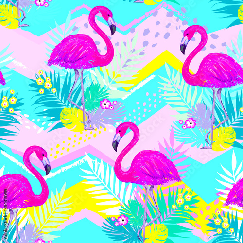 Fototapeta Naklejka Na Ścianę i Meble -  Fashion tropical funny wallpapers. Seamless pattern with leaf and flamingo on background. Summer style
