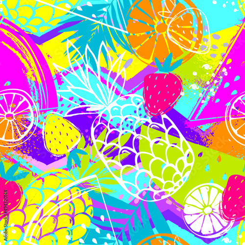 Fashion tropics funny wallpapers. Seamless pattern with pineapples, strawberries and oranges on colorful background. Bright summer fruits illustration. Fruit mix design for fabric and decor