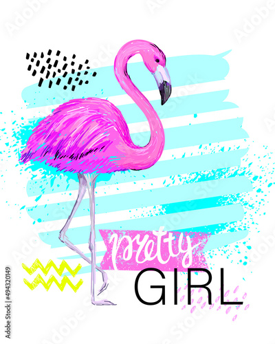 Hand drawing illustration for t-shirts with pink flamingo. Creative design print for girl.