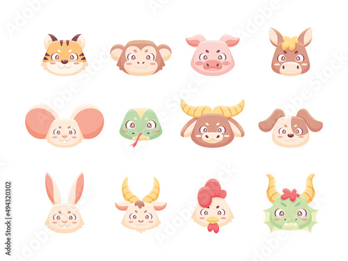 Set of different cute animal avatars Chinese zodiac sign Vector illustration