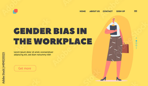 Gender Bias at Workplace Landing Page Template. Businesswoman in Office Clothes with Clipboard. Female Character