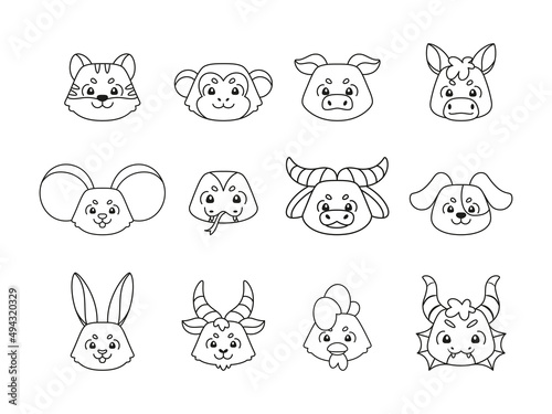 Set of different cute animal avatars Chinese zodiac sign Vector illustration