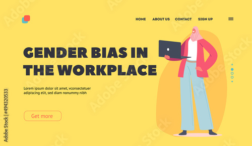 Gender Bias at Workplace Landing Page Template. Arabic Business Woman with Laptop in Hands. Arabian Female Character
