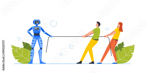 Human Worker Characters Pulling Rope Against Robot. Tug of War Fighting and Competition Between Artificial Intelligence