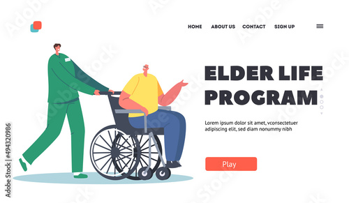 Elder Life Program Landing Page Template. Medic Help Old Disabled People in Nursing Home or Clinic. Nurse Care Senior