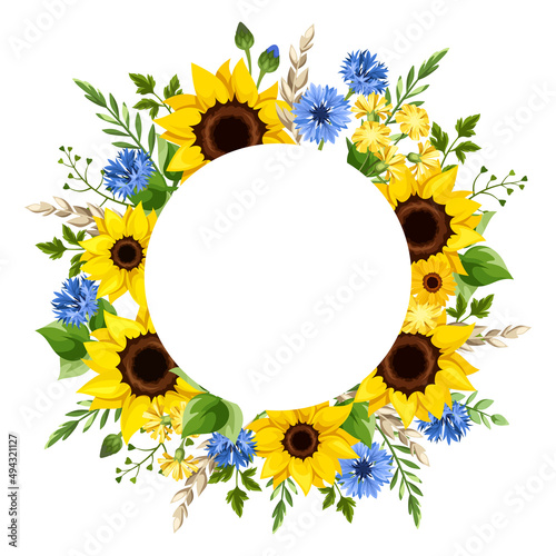 Floral greeting or invitation card design with yellow sunflowers, dandelion flowers, gerbera flowers, blue cornflowers, ears of wheat, and green leaves. Vector circle card design