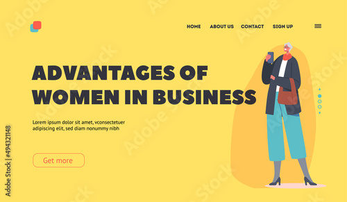 Advantages of Women in Business Landing Page Template. Senior Caucasian Business Person Wear trendy Apparel