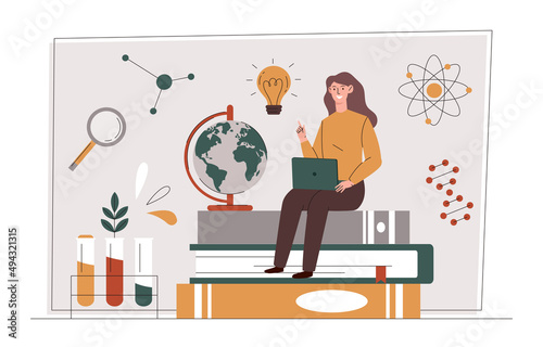 Remote education concept. Girl with laptop sits on stack of books, learning and self development, student does homework or takes test remotely, digital world. Cartoon flat vector illustration