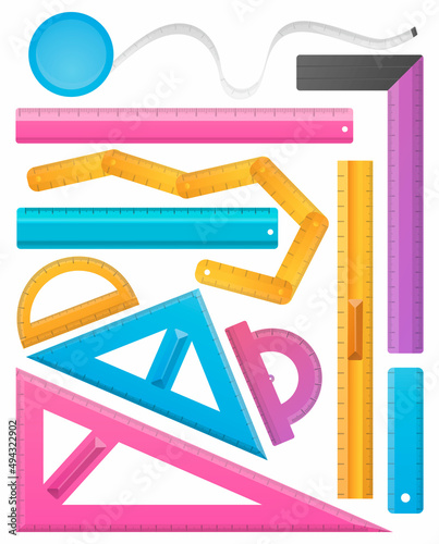 Vector illustration with a set, a collection of student and professional measuring instruments. Rulers, ruler roulette, protractors, etc. are depicted. photo