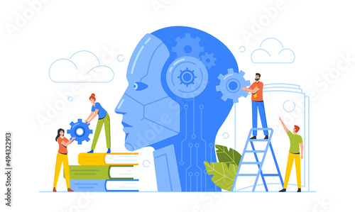 Tiny Business Characters with Gears at Huge Cyborg Head. Artificial Intelligence, Machine Learning and Training Concept