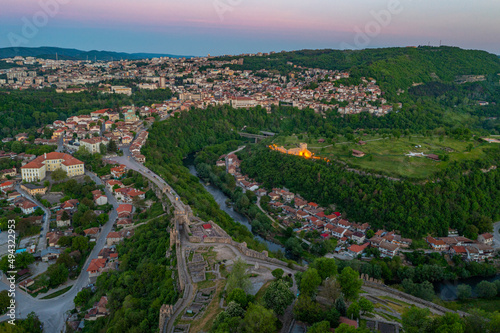 Sunset aerial view of Trapezitsa fortress in Veliko Tarnovo, Bulgaria. photo