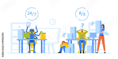 Intelligent System Automation against Manual Labor. Office Characters Compete with Ai Cyborg at Workplace, Rpa Process