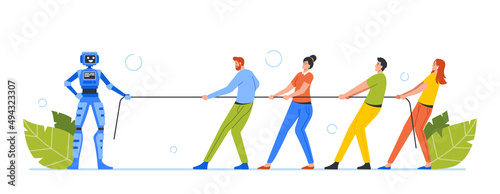 Office Characters Tear Rope with Artificial Intelligence Robot Concept. Men Women Workers Playing Tug of War With Cyborg