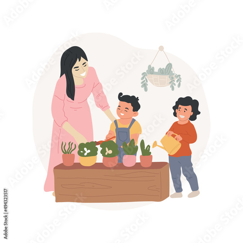 Growing garden isolated cartoon vector illustration. Toddler learn about growing plants, using toy garden tools, kindergarten activity, thinking and mental skills, daycare vector cartoon.